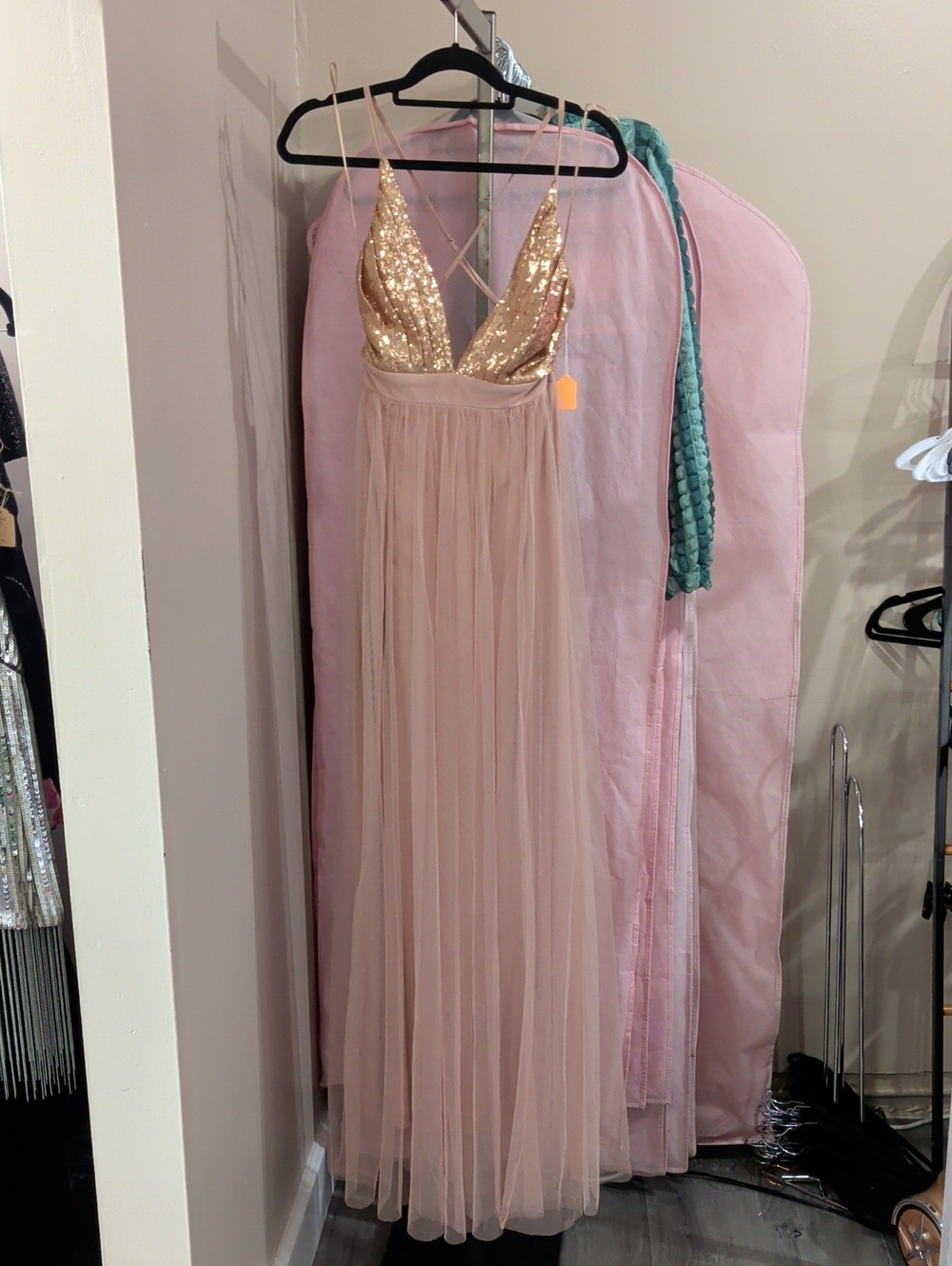 Sequin Bodice Tulle Maxi Dress in Rose Gold
